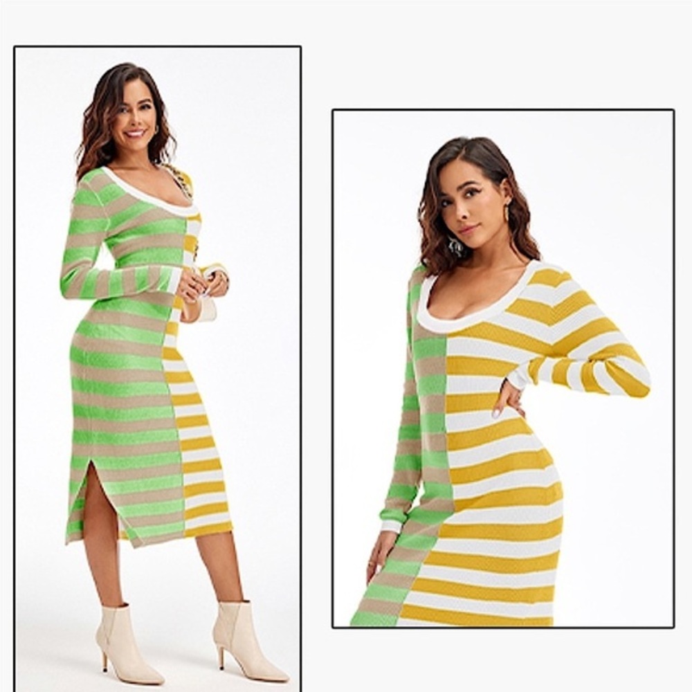 Long Sleeve Midi Dress with Green and Yellow stripes - Size L